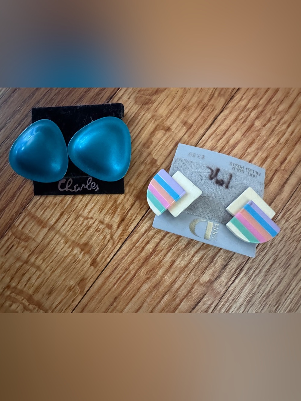 Colorful Striped Resin Earrings & Teal Metallic Dome Pierced Earrings